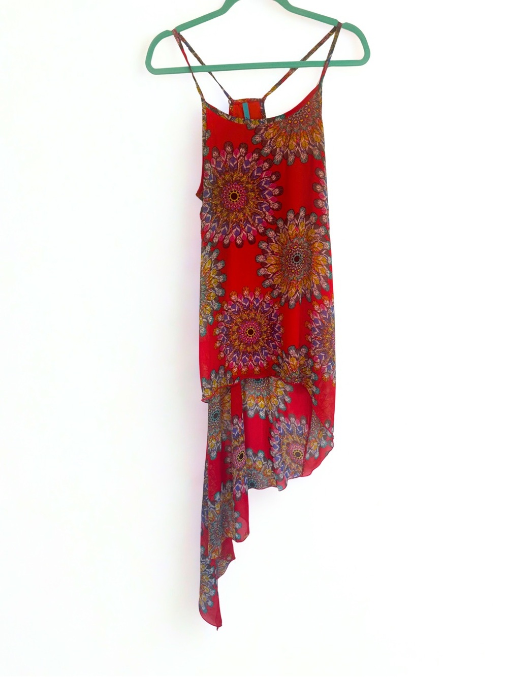 Red Floral Asymmetric Spaghetti-Strap Razorback Top